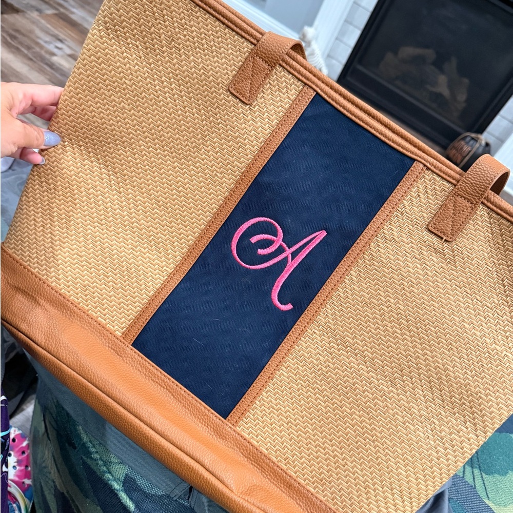 Thirty-One Tan and Navy Tote with Pink Accent